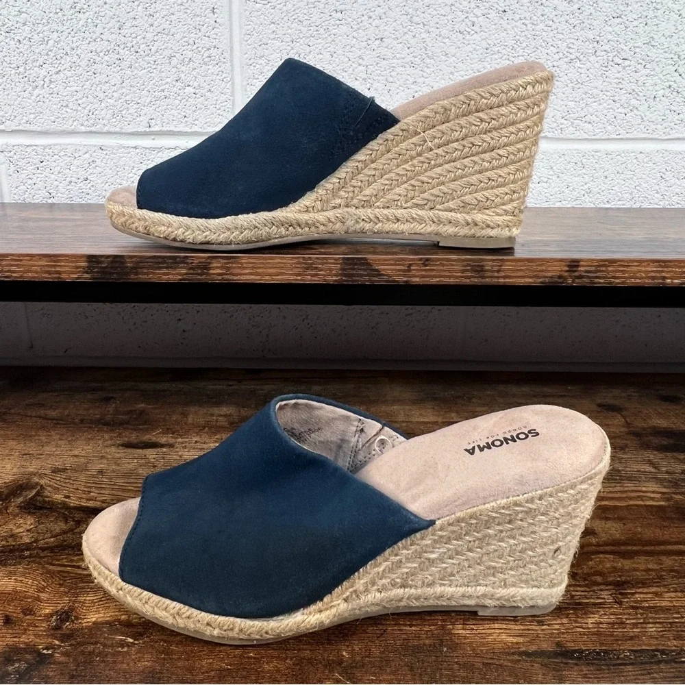 Sonoma Espadrille Wedge Leather Slide Sandals Blue Peep Toe Casual Women's 7.5